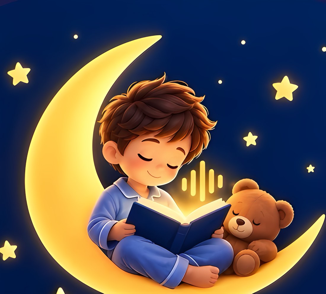 A child in pyjamas reading a glowing book on a crescent moon beside a teddy bear