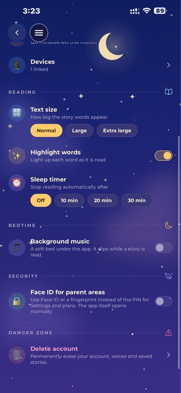 Narraspell settings screen with text size, word highlighting and sleep timer