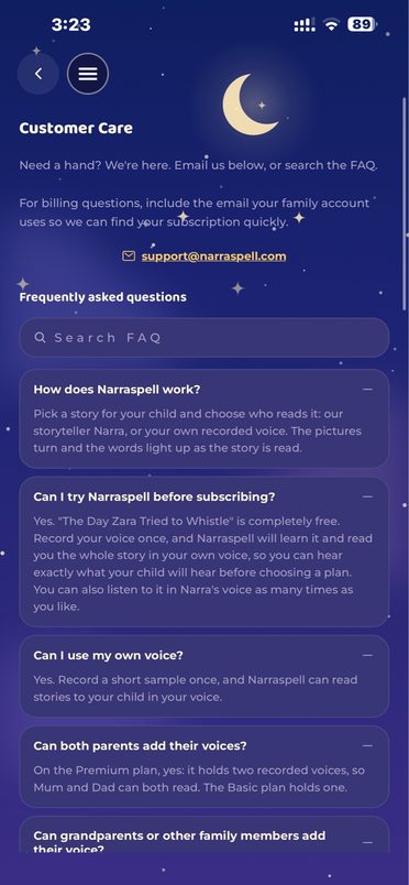Narraspell Customer Care screen with frequently asked questions
