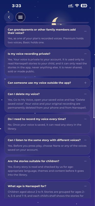 Narraspell help screen answering questions about recorded voices and privacy